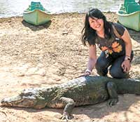 56歳の時。ブラジルのパンタナールにて。現地人が餌付けした野生のワニ