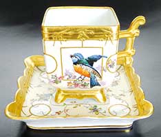 ピルケンハンマー《金彩花鳥文角形カップ＆ソーサー》1887-1918年