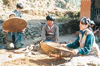 1989年、ネパール東部の村で。穀物のちりや殻を取り除く作業の手伝い