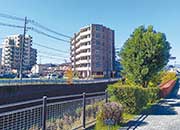 マンション（写真中央）の横を流れるのは多摩川水系の一つ残堀川